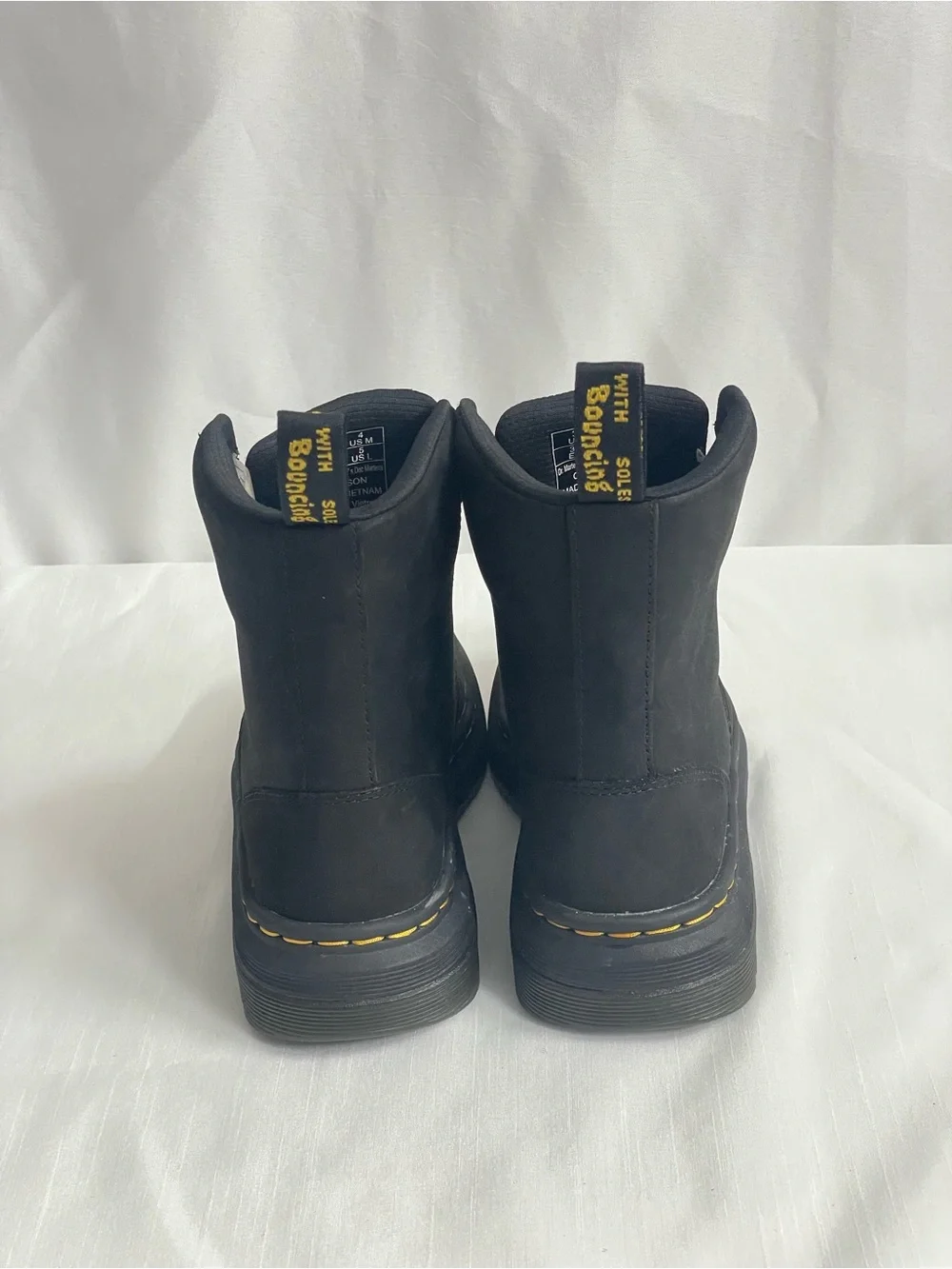 Dr. Martens Crewson Kids Black Combat Boots with Yellow unisex size US 4 M